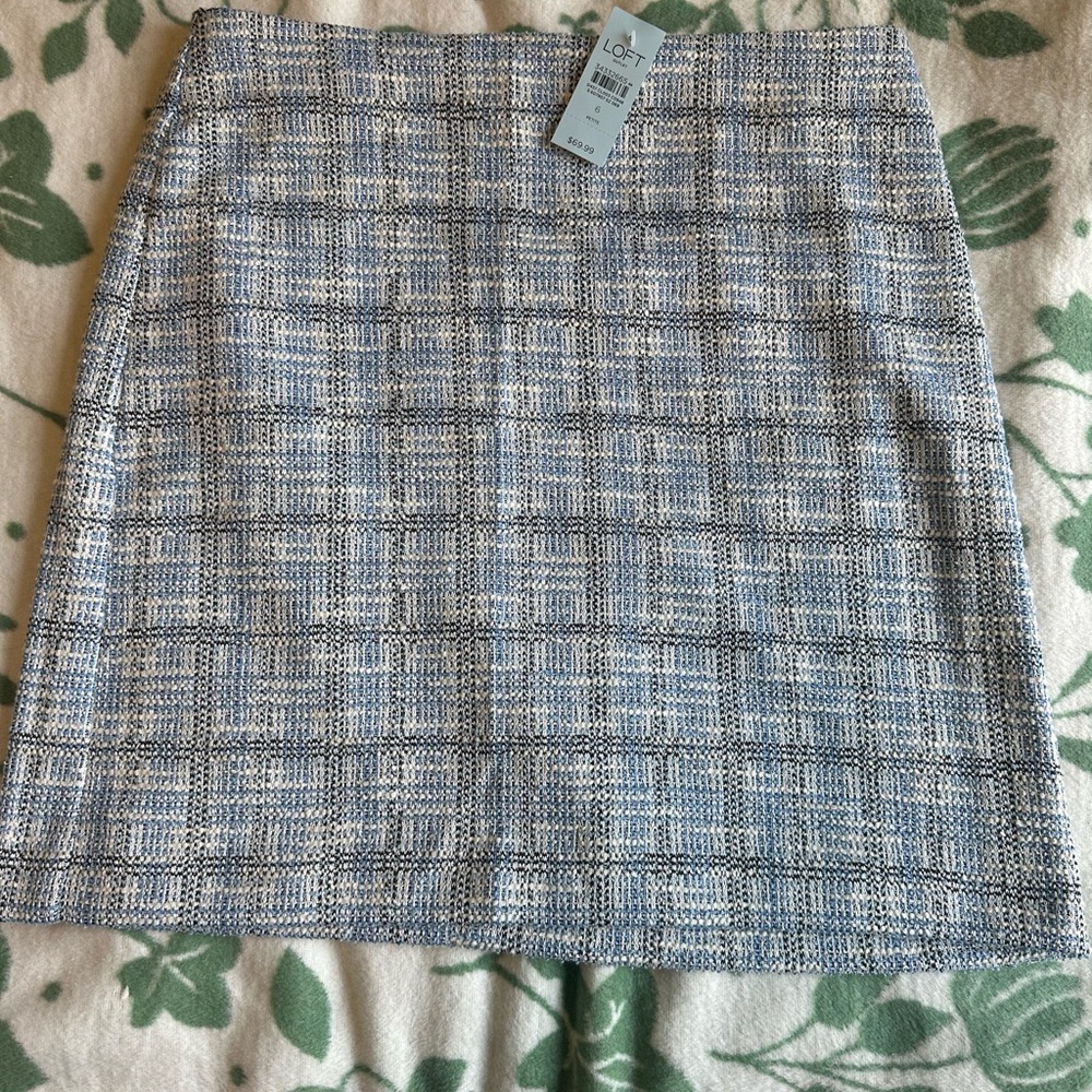 NWT LOFT Outlet Baby Blue and White Checkered Tweed Mini Skirt